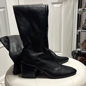 Zara Black Over the Knee Boots with Chunky Heel and Pointed Toe